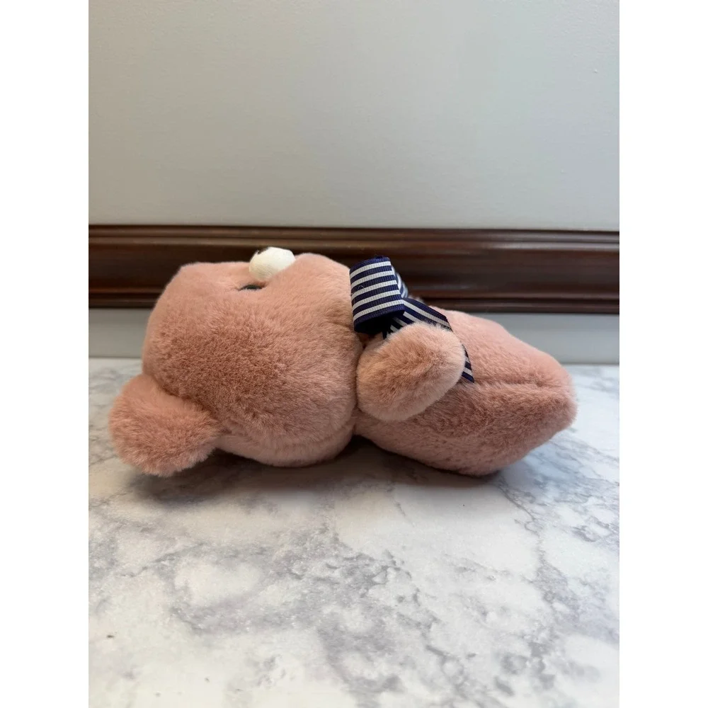 Kawaii Pink Teddy Bear Plush Stuffed Animal with Blue Striped Bow 9 Inch